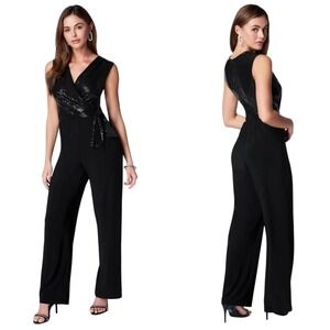 NYE Disco Bebe Sequined Sleeveless Wrap Jumpsuit Wide Leg Evening Formal L NWT